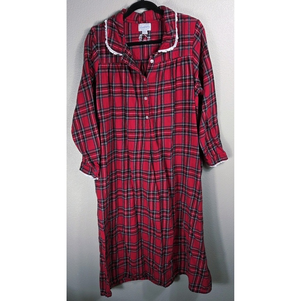 Lanz of Salzburg Plaid Flannel Nightgown Red Lace Trim Button Front Size M